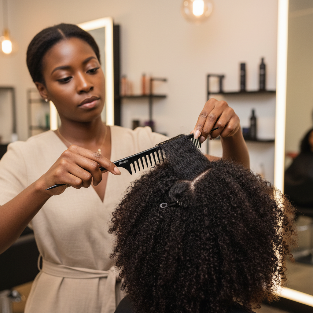 Woman using a black Annie large tail comb to section and detangle textured natural hair in a salon setting with professional hair care products in the background