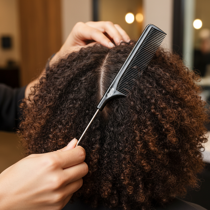 Black Annie pin tail comb with fine teeth and a pointed metal handle sectioning textured, natural curly hair for precise styling and parting.