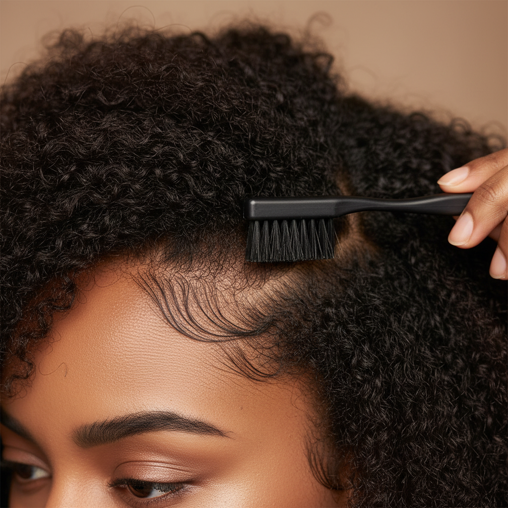 Close-up of a person with textured hair using a black double-sided edge brush to smooth and style delicate baby hairs along the hairline for a neat, polished look.