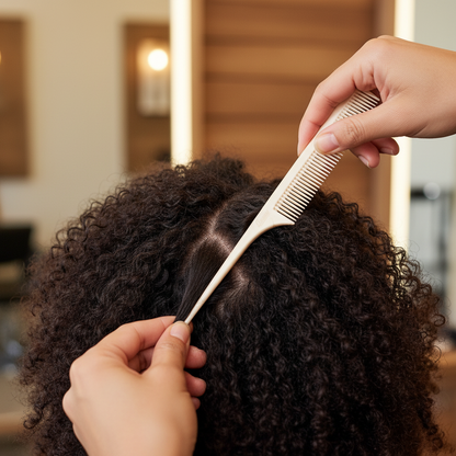 Hands sectioning textured curly hair using an orange rat tail comb with fine teeth, designed for precise parting and styling of natural and multicultural hair.