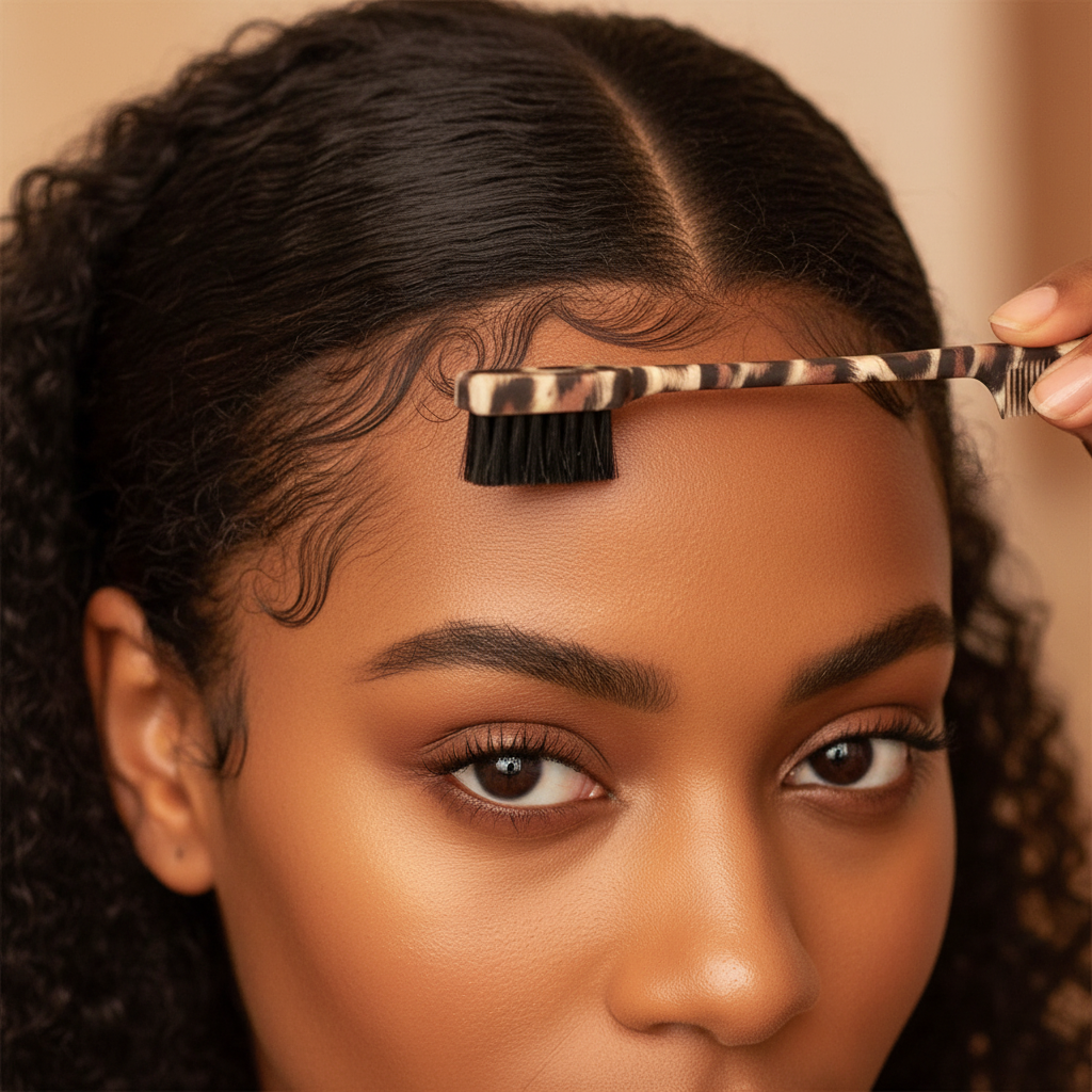 Woman styling her edges with Joy Double-Sided Edge Brush and Comb, 1 Count, Assorted Animal Patterns, featuring a sleek animal print handle designed for precise hair grooming.