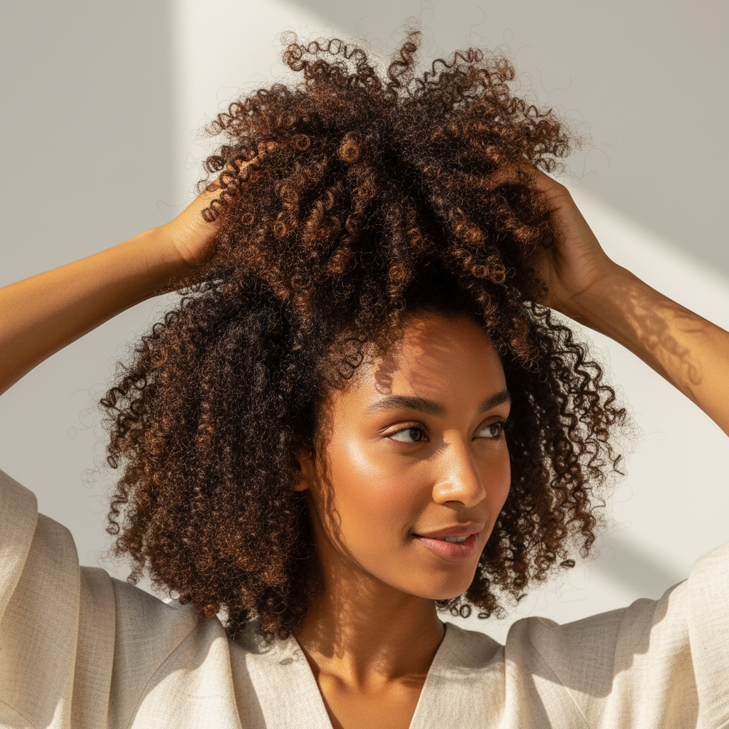 Woman with voluminous natural curly hair lifting it with both hands, showcasing healthy texture and shine, complementing the Annie Ponytailer Set, 6 Count, Black.