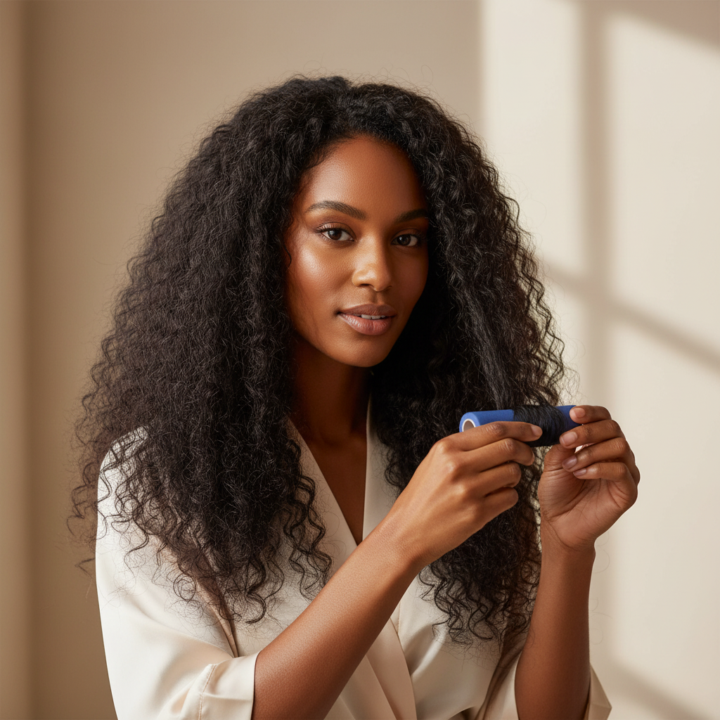 Woman with textured natural hair holding a blue soft twist roller, demonstrating gentle styling designed for multicultural and textured hair types.