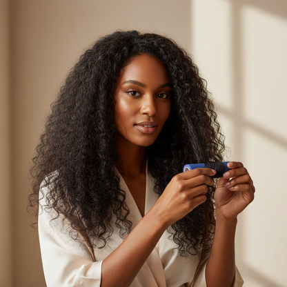 Woman with textured natural hair holding a blue soft twist roller, demonstrating gentle styling designed for multicultural and textured hair types.