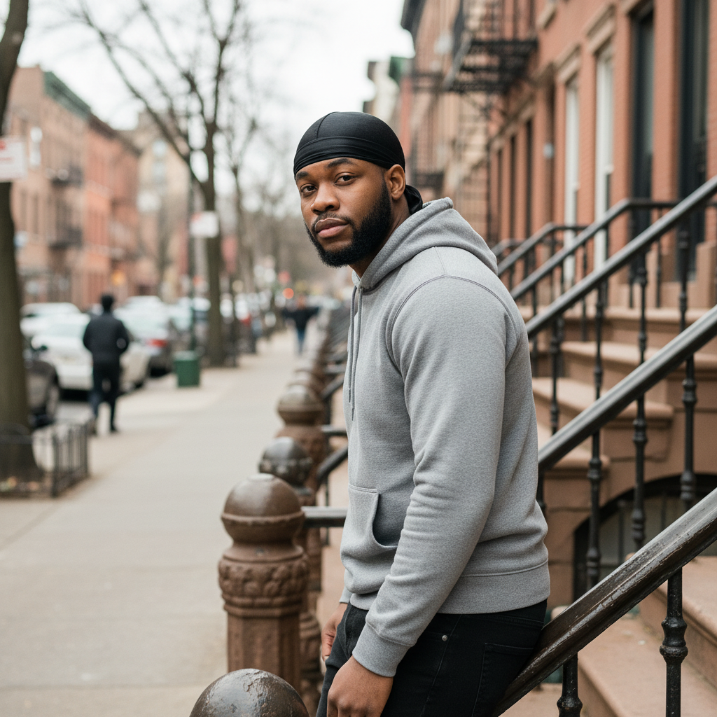 A man outdoors wearing Mr. Durag Premium Durag, 1 Count, Black, featuring smooth, durable fabric designed for secure fit and lasting comfort during wave training and styling.