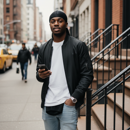 A young man standing on a city sidewalk wearing Mr. Durag Silky Durag And Stocking Cap, 2 Count, Black, paired with casual jacket and jeans, holding a smartphone.