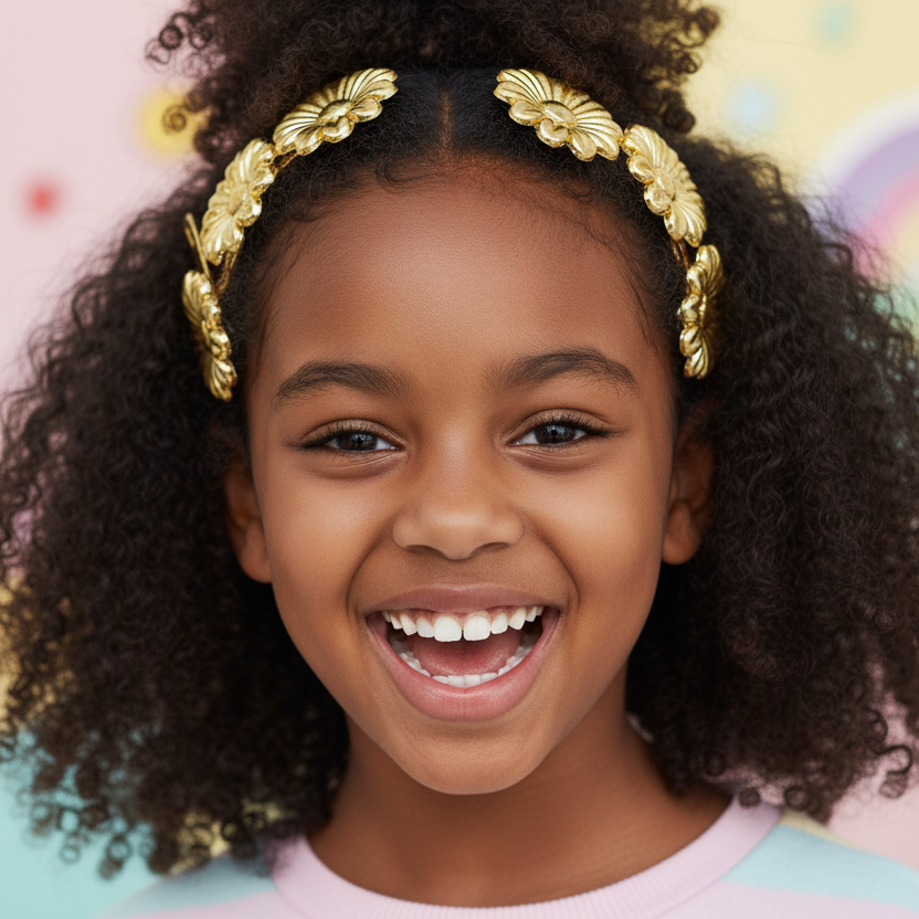 A young girl with curly black hair wearing a gold floral headband, smiling broadly at the camera against a pastel-colored background.