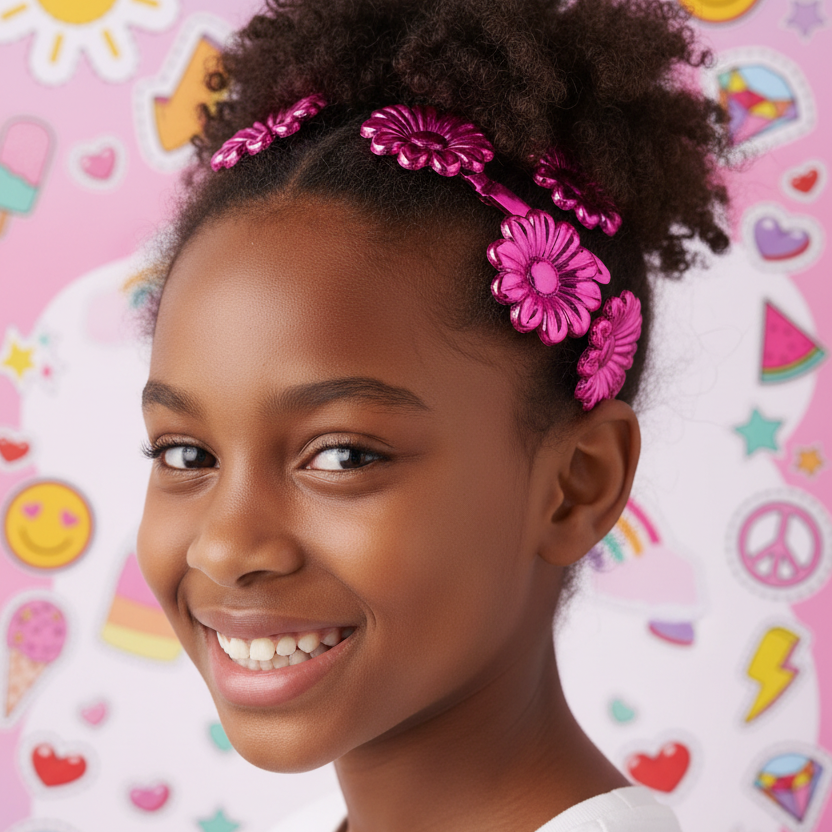 A smiling young girl with curly dark brown hair wearing a bright pink flower headband, posed against a pastel pink background decorated with colorful cartoon icons.