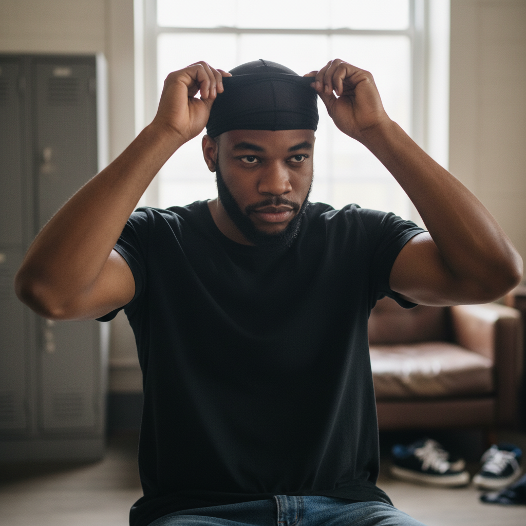 A man adjusting a black headwear indoors, wearing Mr. Durag Silky Durag And Stocking Cap, 2 Count, Black, designed for comfortable wave training and hair protection.