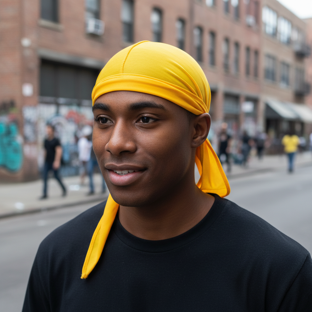 A man wearing Mr. Durag Solid Durag, 1 Count, Assorted Colors in bright yellow, styled to fit securely, highlighting smooth fabric ideal for wave maintenance.