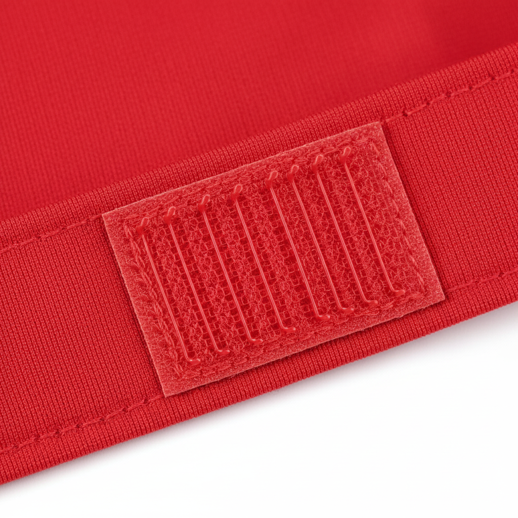 Close-up of a red synthetic spandex band featuring a durable hook-and-loop fastener designed for adjustable, snug, and comfortable hold on textured and multicultural hair styles.