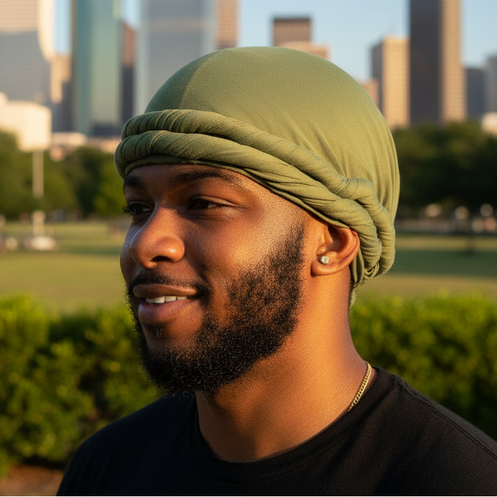 Man wearing a silky, olive green spandex crown turban outdoors with a city skyline in the background, showcasing a smooth, stylish hair wrap designed for textured hair.
