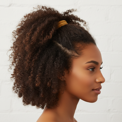 A profile of a woman with natural textured hair styled into a high ponytail secured with Annie Tangle Free Ponytailers Thick 5 1/2 Inch, 14 Count, Assorted Color offering firm, snag-free hold for textured hair.