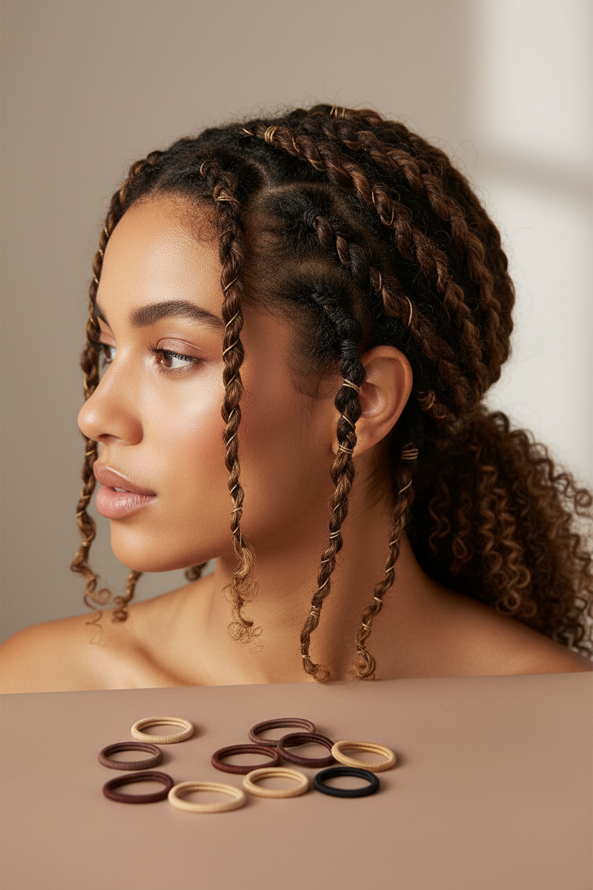 A woman with beautifully twisted braids styled into a ponytail secured with assorted colors of Annie Tangle Free Ponytailers 3 1/2 Inch, 30 Count, showcasing gentle, snag-free hold for textured hair.
