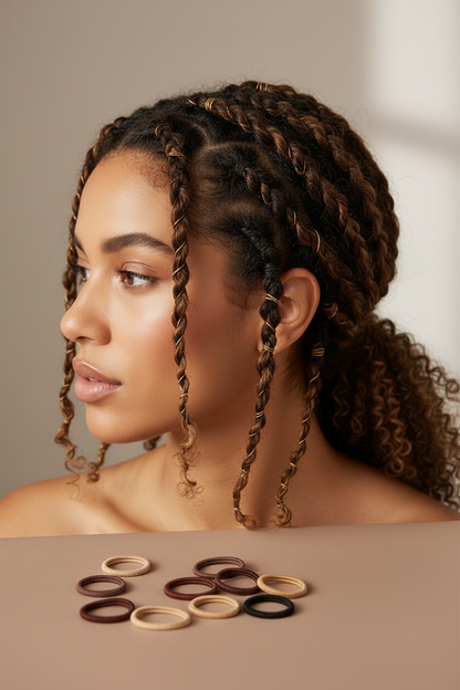 A woman with beautifully twisted braids styled into a ponytail secured with assorted colors of Annie Tangle Free Ponytailers 3 1/2 Inch, 30 Count, showcasing gentle, snag-free hold for textured hair.