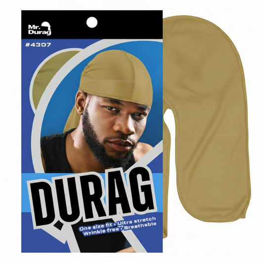 Mr. Durag Solid Durag, 1 Count, Assorted Colors shown in beige with a smooth, stretchy fabric designed for breathable comfort and wrinkle-free wear, ideal for 360-wave styling.