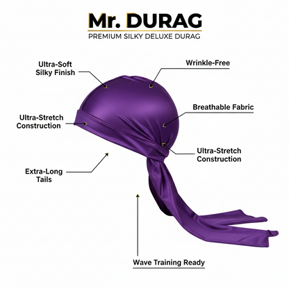 Mr. Durag Premium Silky Deluxe Durag, 1 Count, Purple