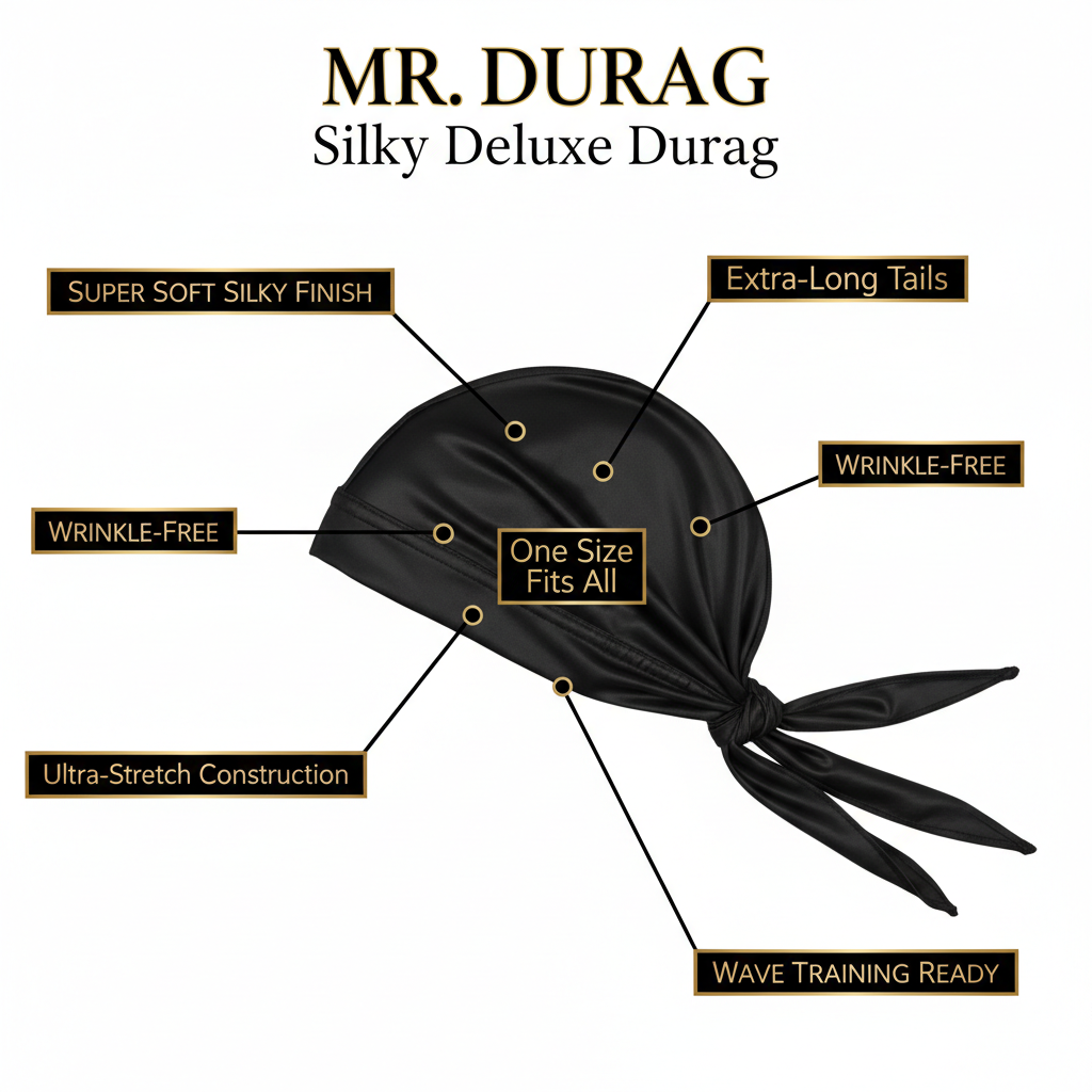 Mr. Durag Silky Deluxe Durag, 1 Count, Black featuring ultra-stretch silky fabric, wrinkle-free design, one size fits all, extra-long tails, and optimized for wave training and secure styling.