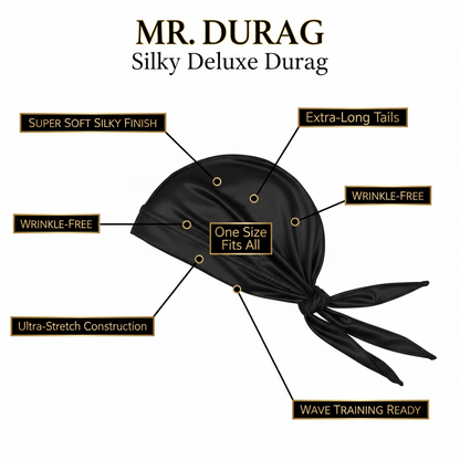 Mr. Durag Silky Deluxe Durag, 1 Count, Black featuring ultra-stretch silky fabric, wrinkle-free design, one size fits all, extra-long tails, and optimized for wave training and secure styling.