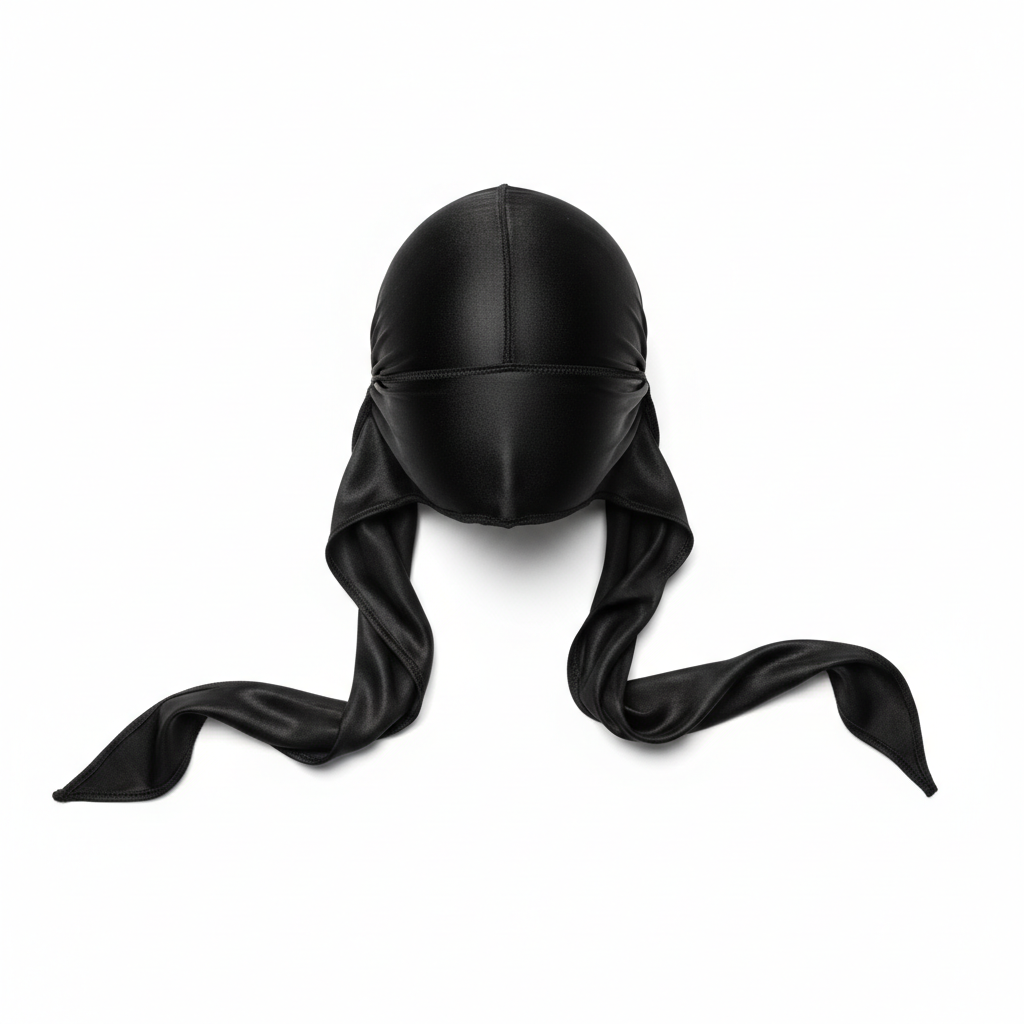 Mr. Durag Silky Deluxe Durag, 1 Count, Black displayed flat with smooth, glossy silky fabric and long tails designed for secure styling and wave pattern enhancement.