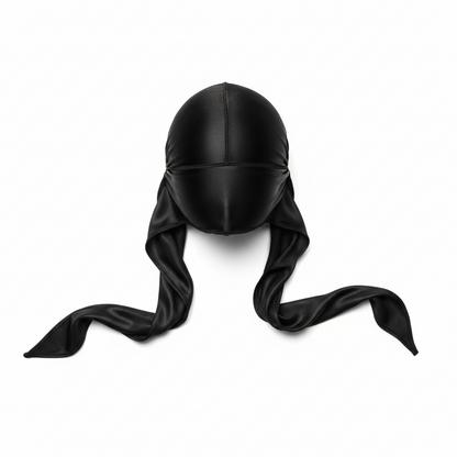 Mr. Durag Silky Deluxe Durag, 1 Count, Black displayed flat with smooth, glossy silky fabric and long tails designed for secure styling and wave pattern enhancement.