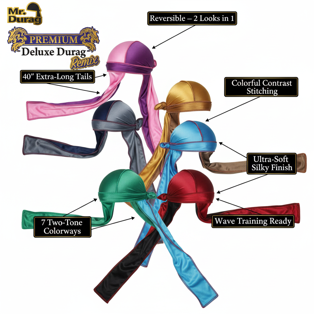 Mr. Durag Silky Deluxe Durag Remix, 1 Count, Assorted Colors featuring reversible design, 40-inch extra-long tails, colorful contrast stitching, ultra-soft silky texture, and tailored for wave training with seven two-tone color options.