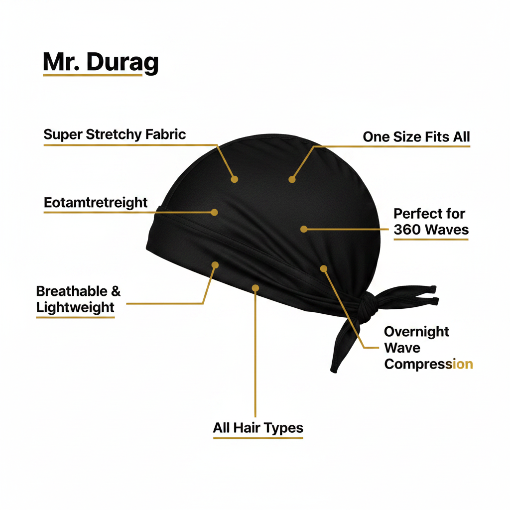 Mr. Durag Solid Durag, 1 Count, Black shown as a breathable, super stretchy fabric wave cap designed for 360 waves, suitable for all hair types with one size fits all and overnight compression.