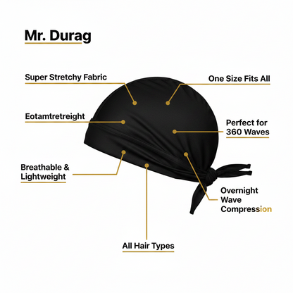 Mr. Durag Solid Durag, 1 Count, Black shown as a breathable, super stretchy fabric wave cap designed for 360 waves, suitable for all hair types with one size fits all and overnight compression.