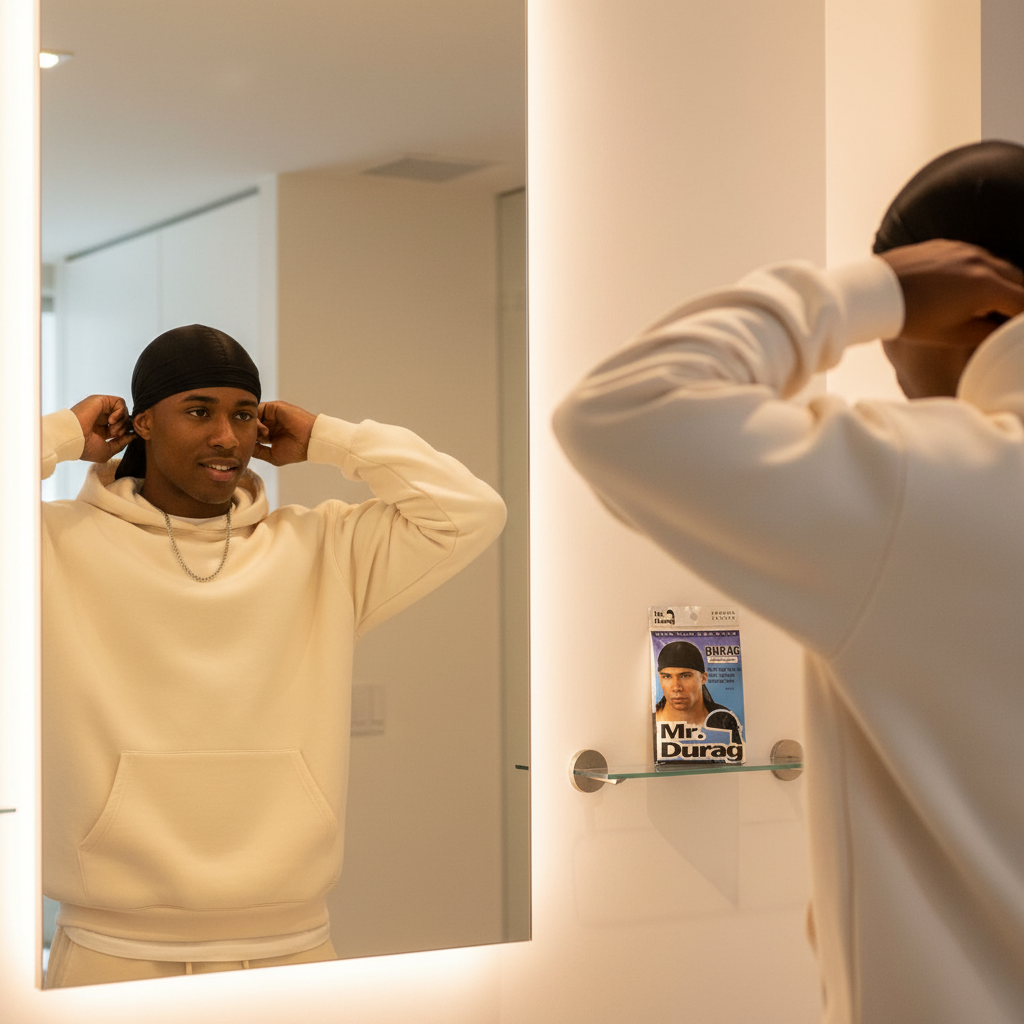 A man wearing a beige hoodie adjusts a black Mr. Durag Solid Durag, 1 Count, Black while looking into a bathroom mirror with the product packaging visible on the shelf below.