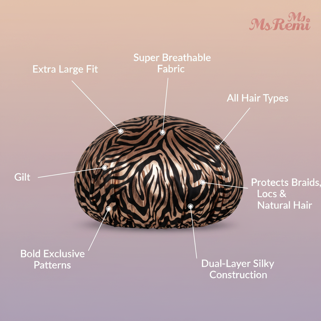 Ms. Remi Gilt Silky Satin Bonnet X-Large, 1 Count, Assorted Patterns with breathable dual-layer fabric, bold gilt zebra print, designed for all hair types to protect braids, locs, and natural hair.