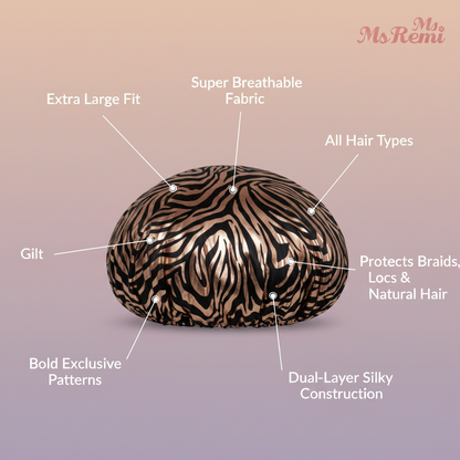 Ms. Remi Gilt Silky Satin Bonnet X-Large, 1 Count, Assorted Patterns with breathable dual-layer fabric, bold gilt zebra print, designed for all hair types to protect braids, locs, and natural hair.