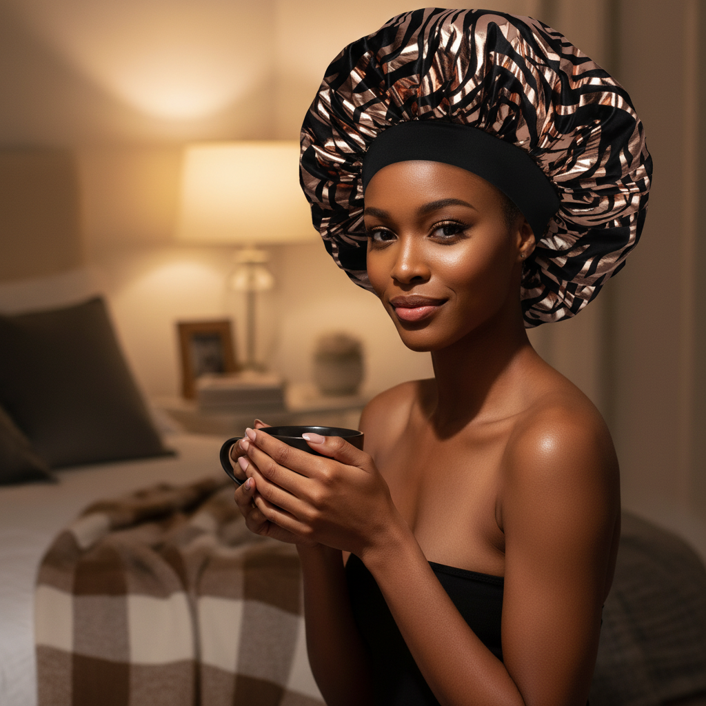 Woman wearing Ms. Remi Gilt Silky Satin Bonnet X-Large, 1 Count, Assorted Patterns in a cozy bedroom setting, holding a cup while seated on a bed with warm lighting.