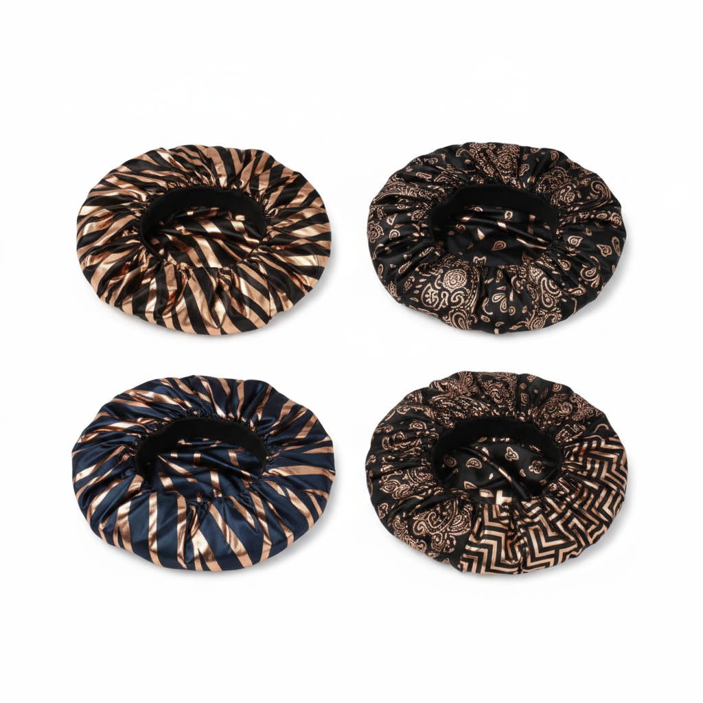 Ms. Remi Gilt Silky Satin Bonnet X-Large, 1 Count, Assorted Patterns featuring four smooth satin bonnets in varied black and gold designs, designed for protective hair care and styling.