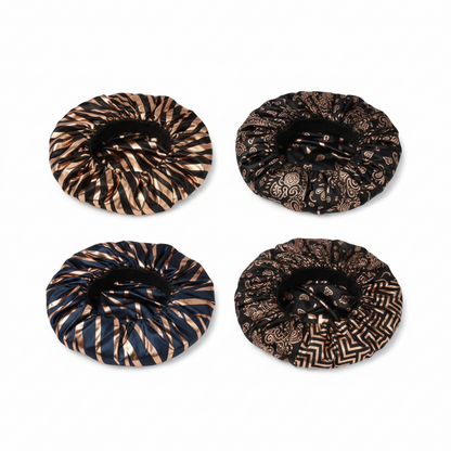 Ms. Remi Gilt Silky Satin Bonnet X-Large, 1 Count, Assorted Patterns featuring four smooth satin bonnets in varied black and gold designs, designed for protective hair care and styling.