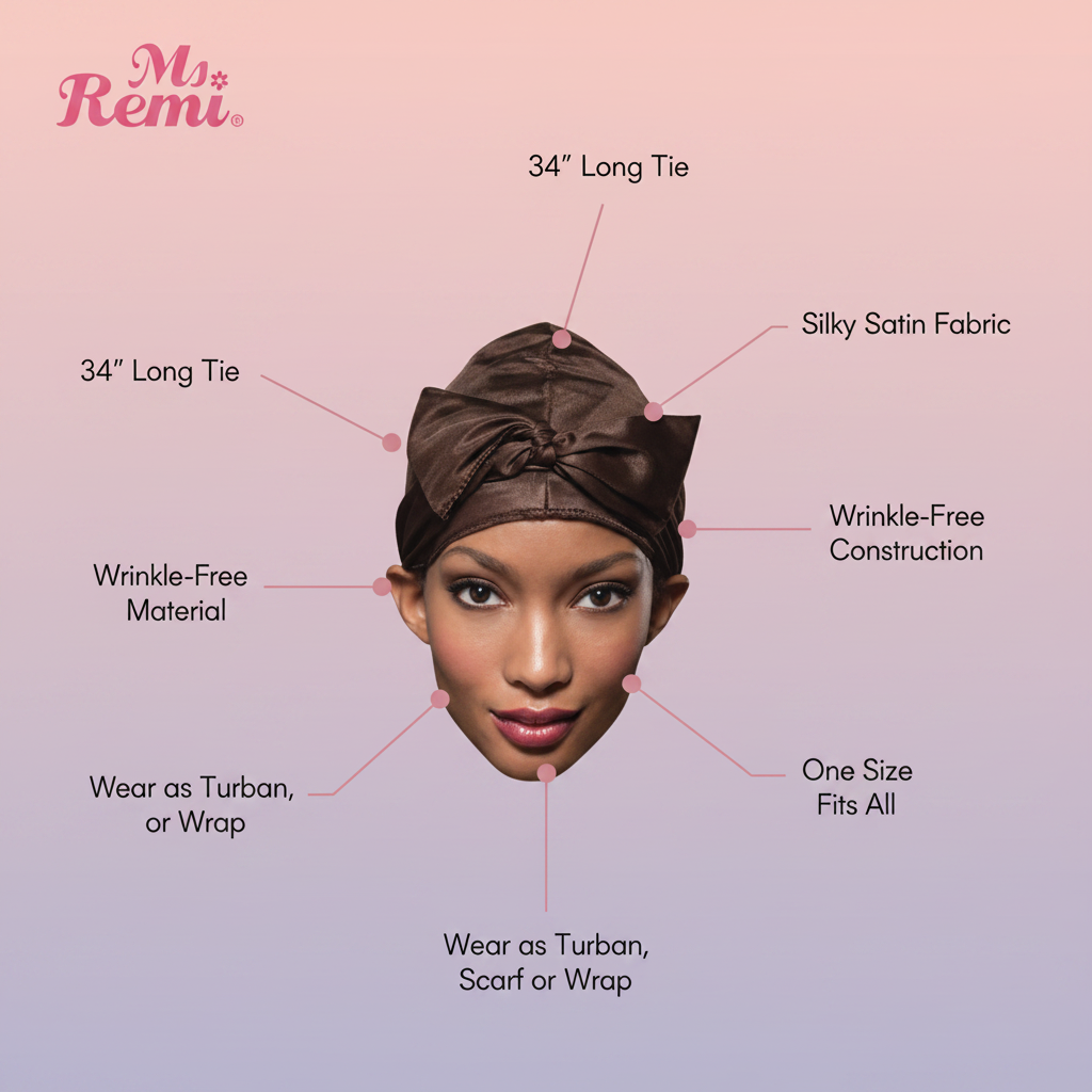 Ms. Remi Satin Wrap, 1 Count. Assorted Colors shown in smooth, wrinkle-free silky satin fabric with 34-inch long ties, designed for versatile wear as turban, scarf, or wrap in one size fits all.