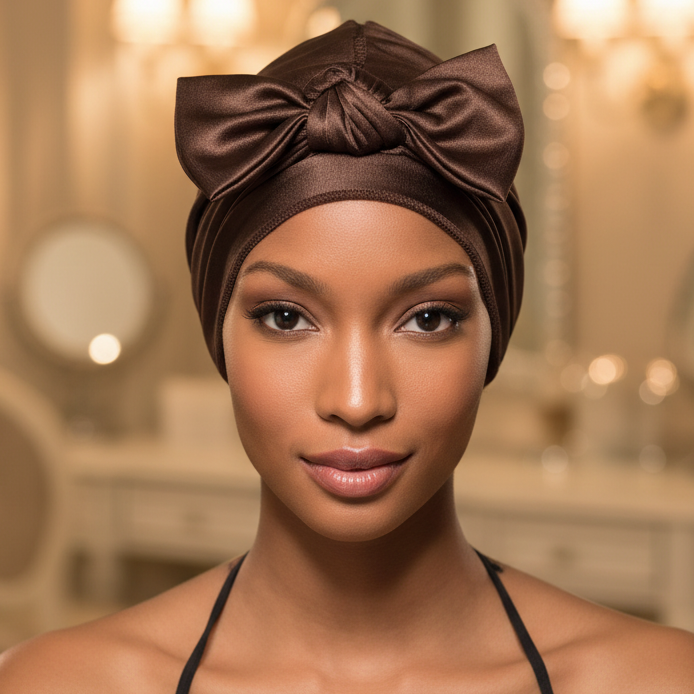 Ms. Remi Satin Wrap, 1 Count. Assorted Colors in rich brown satin, featuring a smooth, luxurious finish with a decorative bow and designed for comfortable, stylish hair protection.