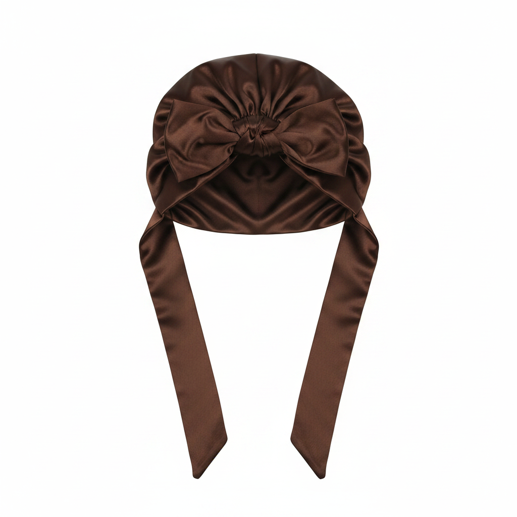 Ms. Remi Satin Wrap, 1 Count. Assorted Colors displayed in deep brown satin with a smooth, glossy finish, featuring a gathered top and long tied ends for secure, stylish wear.