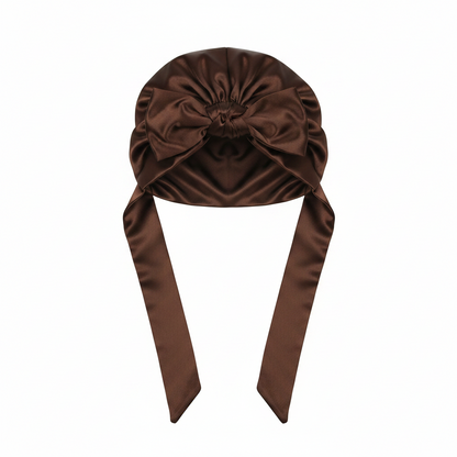 Ms. Remi Satin Wrap, 1 Count. Assorted Colors displayed in deep brown satin with a smooth, glossy finish, featuring a gathered top and long tied ends for secure, stylish wear.