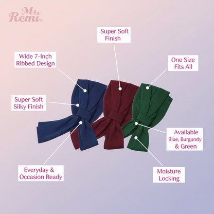 Ms. Remi Wide Silky Headwrap Scarf Ribbed, 1 Count, Assorted Colors shown in blue, burgundy, and green with wide ribbed design, super soft silky finish, moisture locking, and one size fits all.