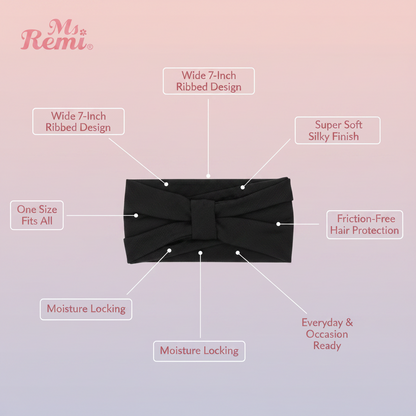 Ms. Remi Wide Silky Headwrap Scarf Ribbed, 1 Count, Black featuring a wide 7-inch ribbed design, super soft silky finish, moisture locking, friction-free protection, and one size fits all for everyday and special occasions.
