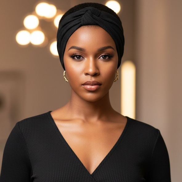 Confident woman wearing Ms. Remi Wide Silky Headwrap Scarf Ribbed, 1 Count, Black with gold hoop earrings and subtle makeup in a softly lit elegant indoor setting.