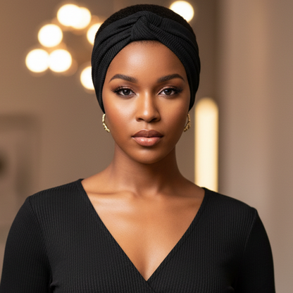 Confident woman wearing Ms. Remi Wide Silky Headwrap Scarf Ribbed, 1 Count, Black with gold hoop earrings and subtle makeup in a softly lit elegant indoor setting.