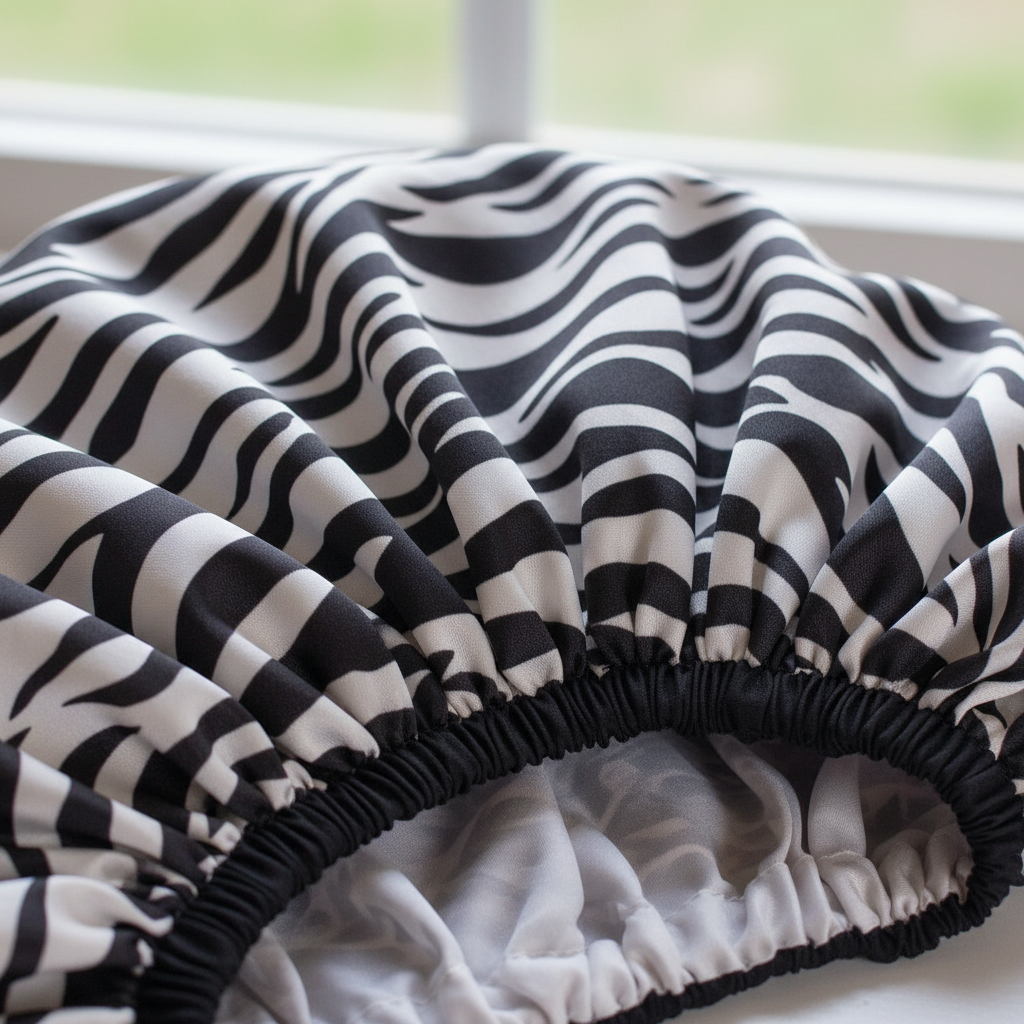 Close-up of a zebra-print satin cap with a gathered black elastic band, designed to provide gentle, snag-free protection for textured and natural hair during day and night use.