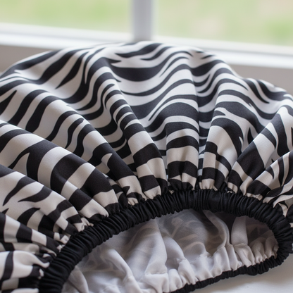 Close-up of a zebra-print satin cap with a gathered black elastic band, designed to provide gentle, snag-free protection for textured and natural hair during day and night use.