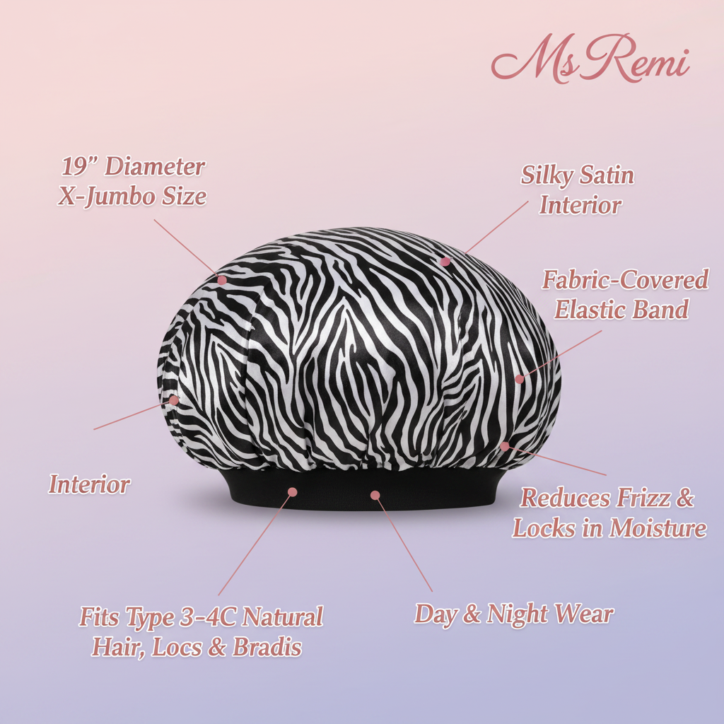 Extra-large zebra print satin cap with a silky interior and fabric-covered elastic band, designed for natural, textured hair to reduce frizz, lock moisture, and provide comfortable day and night wear.