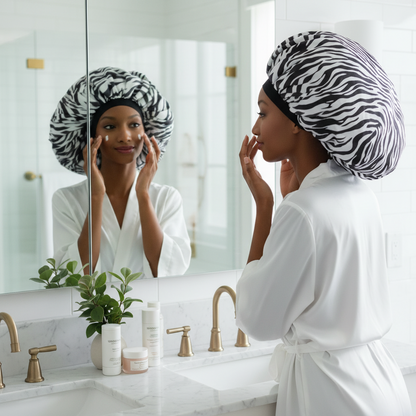Woman wearing an extra-large zebra print satin hair cap applying skincare in front of a bathroom mirror, demonstrating protective styling and night care for textured hair.