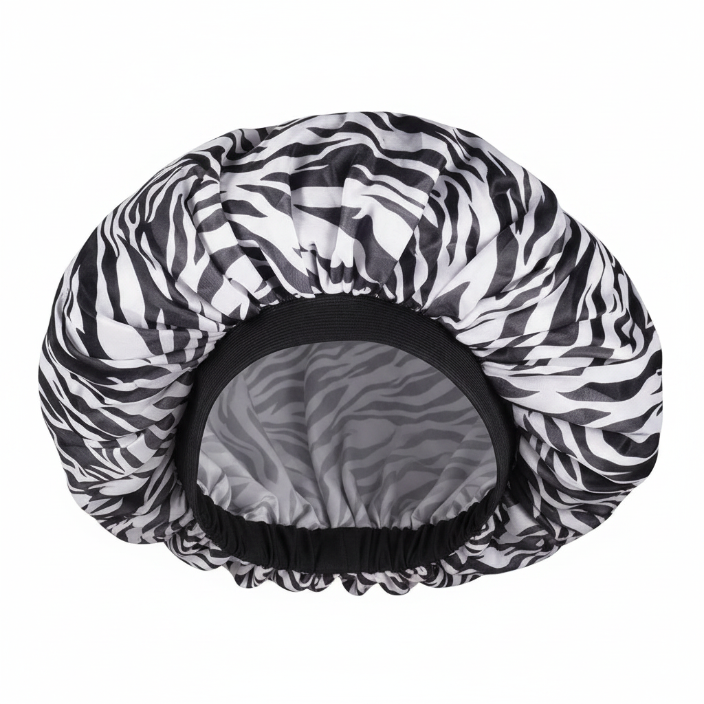 Extra-large satin bonnet with a black and white zebra pattern and a smooth black elastic band, designed to protect textured and natural hair during day and night use.