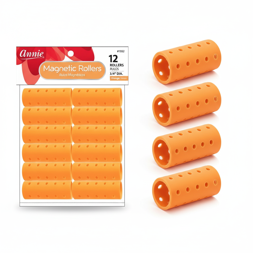 Pack of twelve orange magnetic hair rollers measuring three-quarters inch diameter, designed for gentle, snag-free styling and wave training on textured and natural hair.
