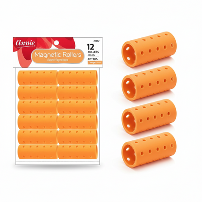 Pack of twelve orange magnetic hair rollers measuring three-quarters inch diameter, designed for gentle, snag-free styling and wave training on textured and natural hair.