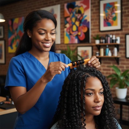 Annie Pin Tail Twist Comb, 1 Count, Assorted being used by a stylist in a vibrant salon to create defined twists on natural textured hair, highlighting professional hair care tools.